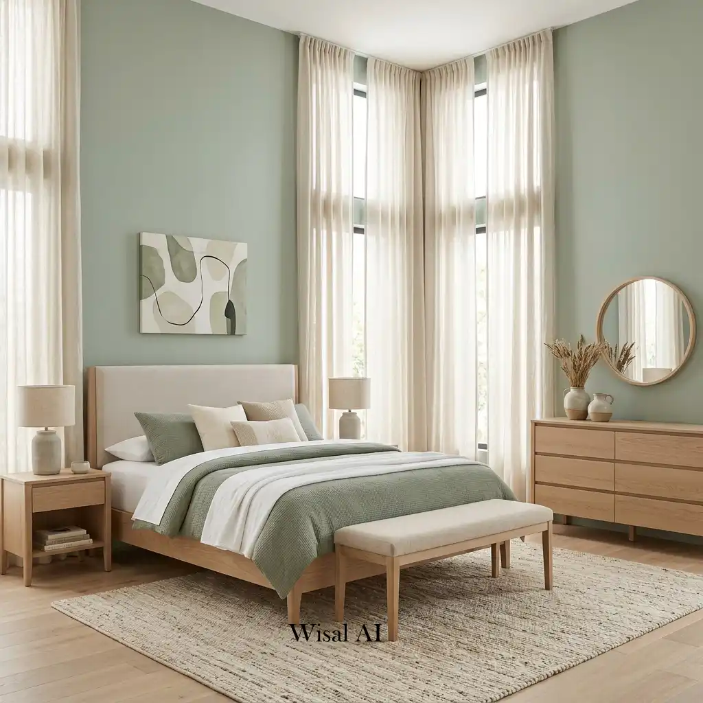 Sage green bedroom with white oak furniture and floor-to-ceiling linen curtains.