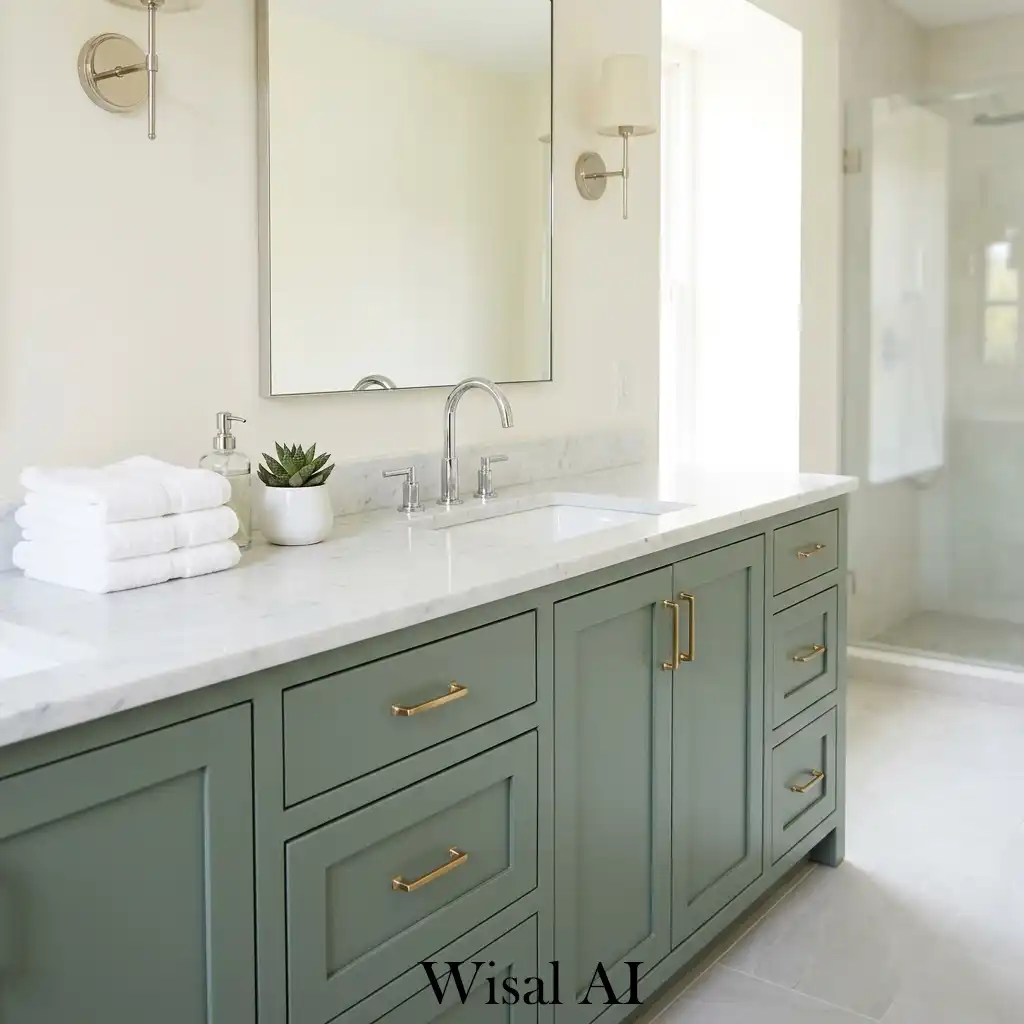 Sage green vanity with white stone countertop elegance