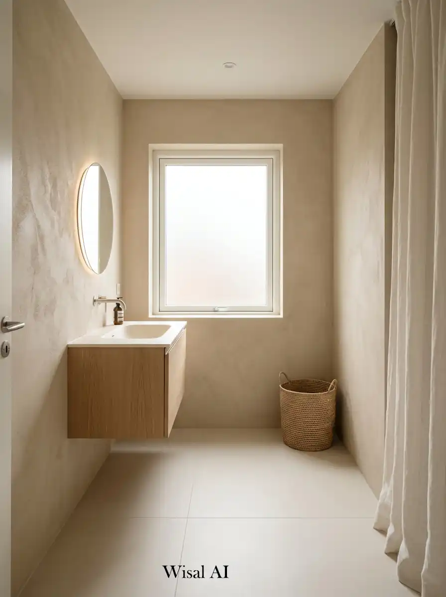 Minimal spa bathroom with sand beige tones ivory surfaces and calming warm neutral interior design aesthetic.