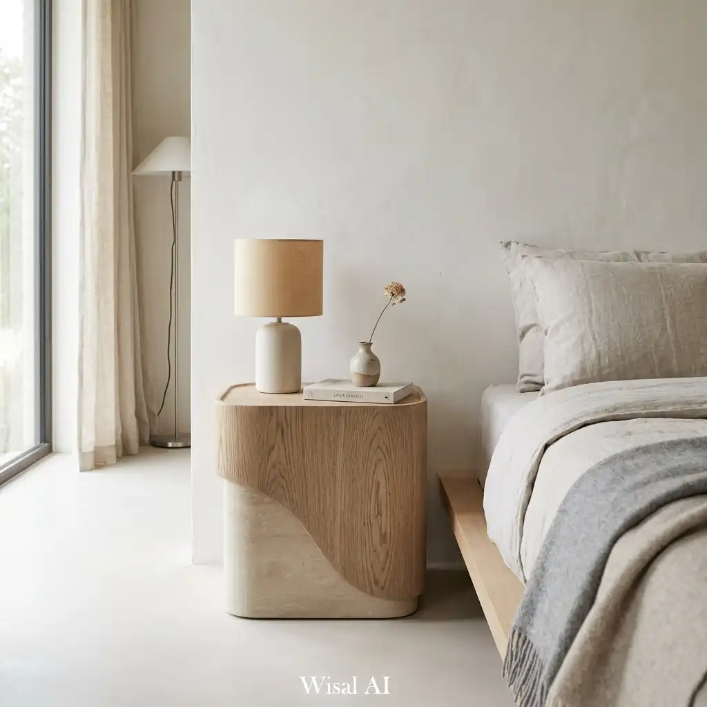 Modern bedroom with sculptural nightstands and artistic furniture details