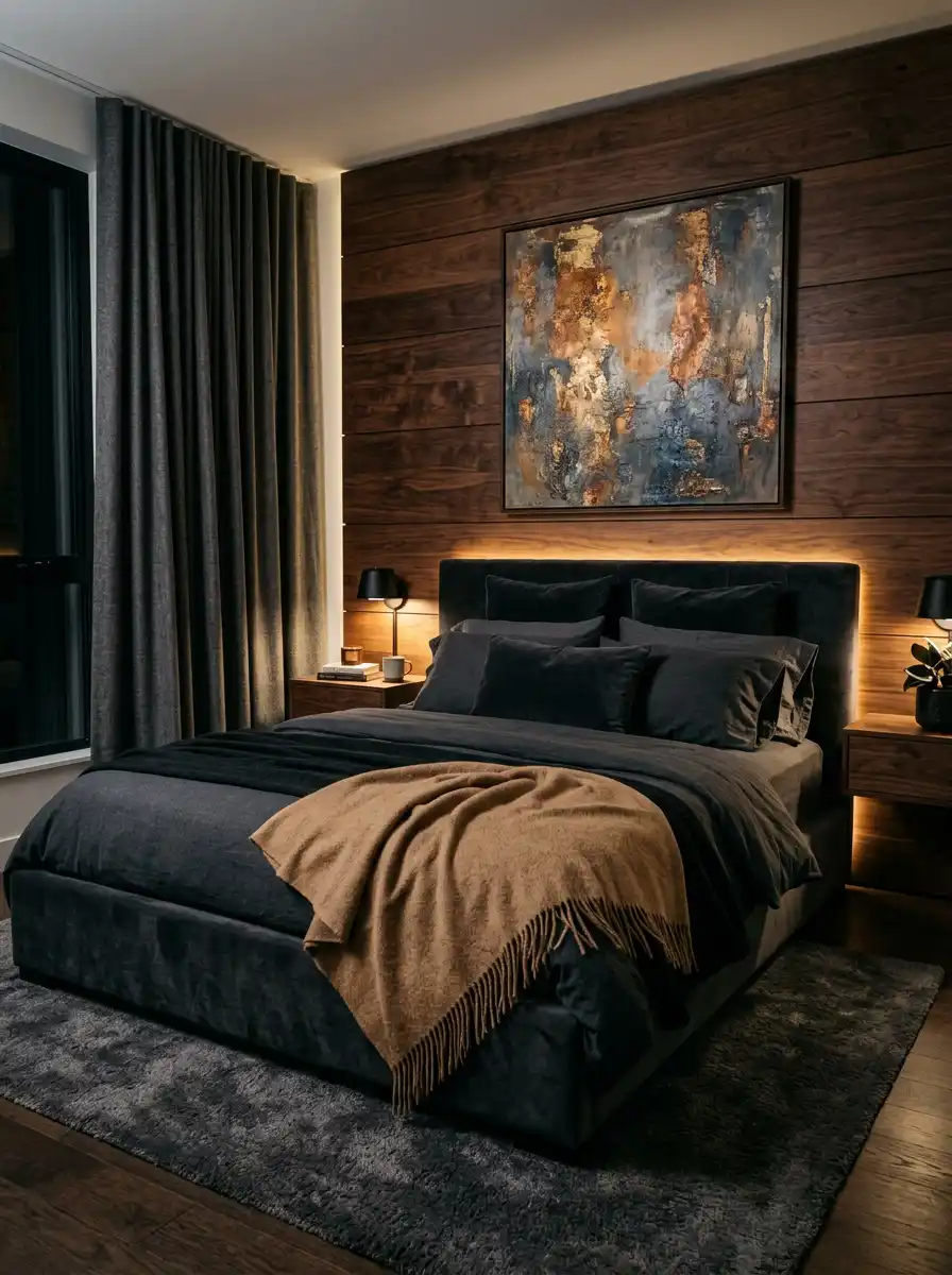 27.Sleek, Dark, and Enveloping: A Cozy Bedroom Idea
