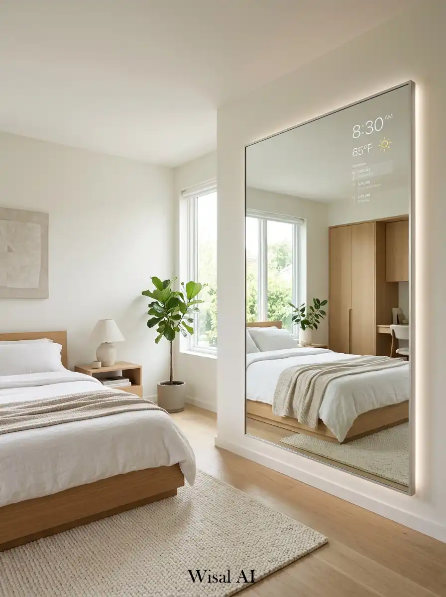 Modern bedroom with smart mirror and enhanced lighting reflection.