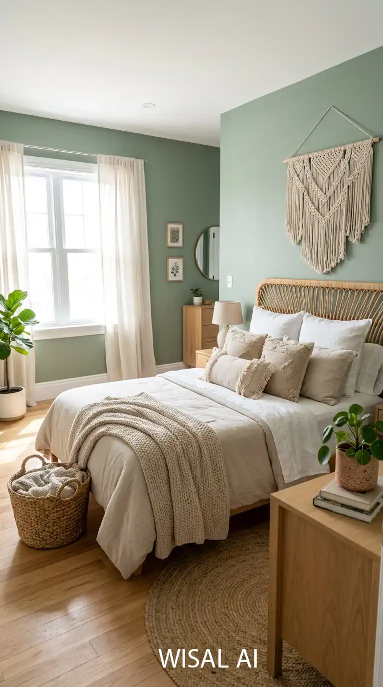 7. Soft Sage Boho Bedroom Retreat