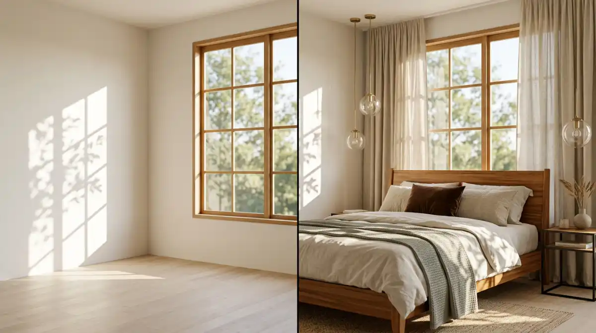 7. Sun-Drenched Warm Minimalist Suite: Before and After