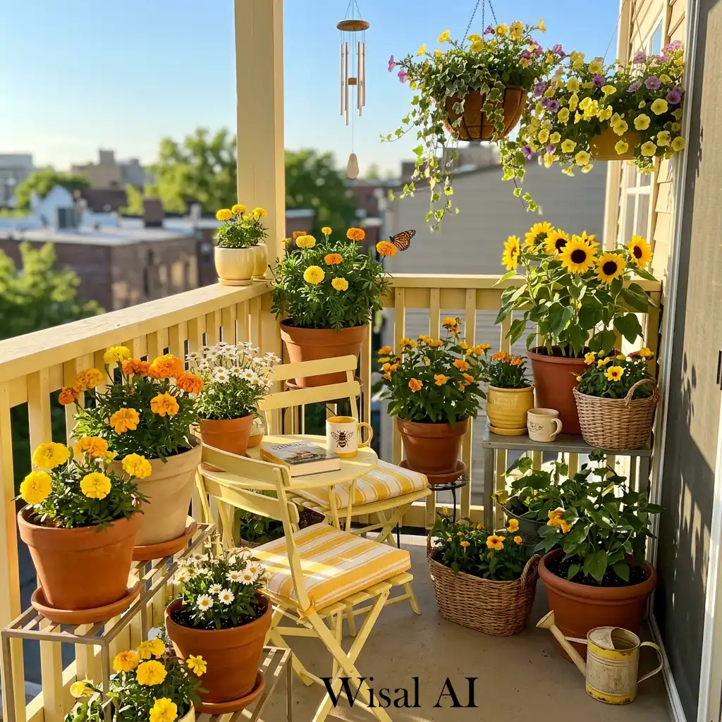 Flower-filled yellow balcony garden with vibrant blooming plants