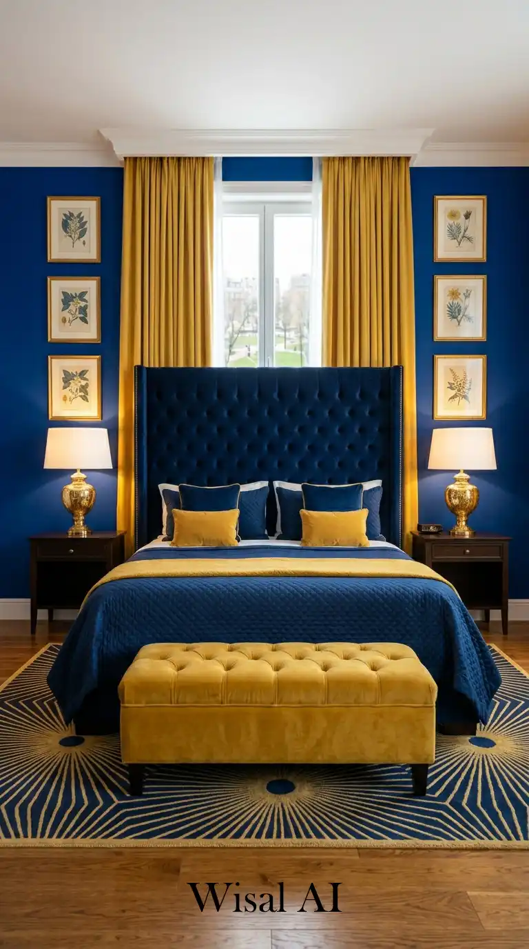 7. The Modern Manor: A Classic Blue and Yellow Bedroom Idea