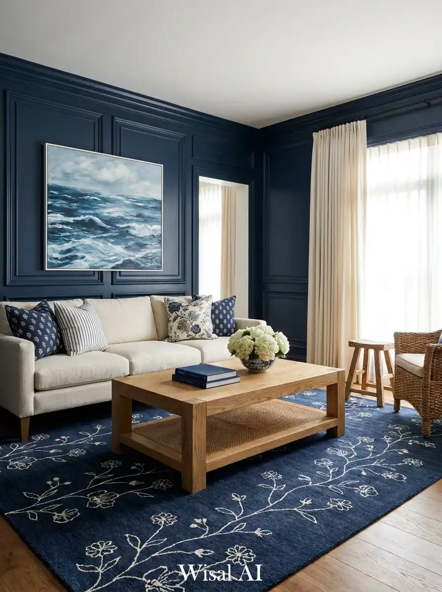 17. The Nautical Modernist: Navy Blue and White Living Room