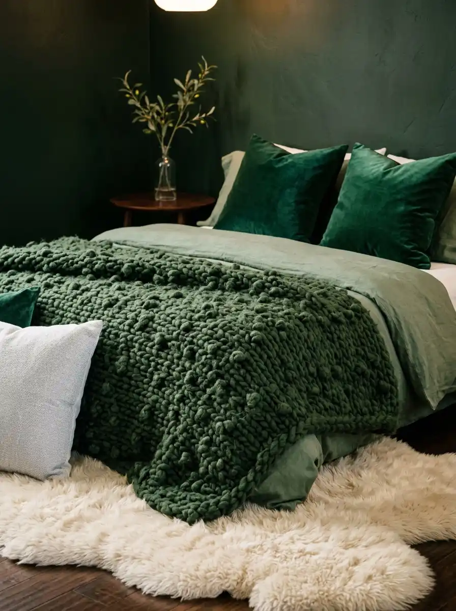 7. The Textured Cocoon: Green Bedroom Ideas