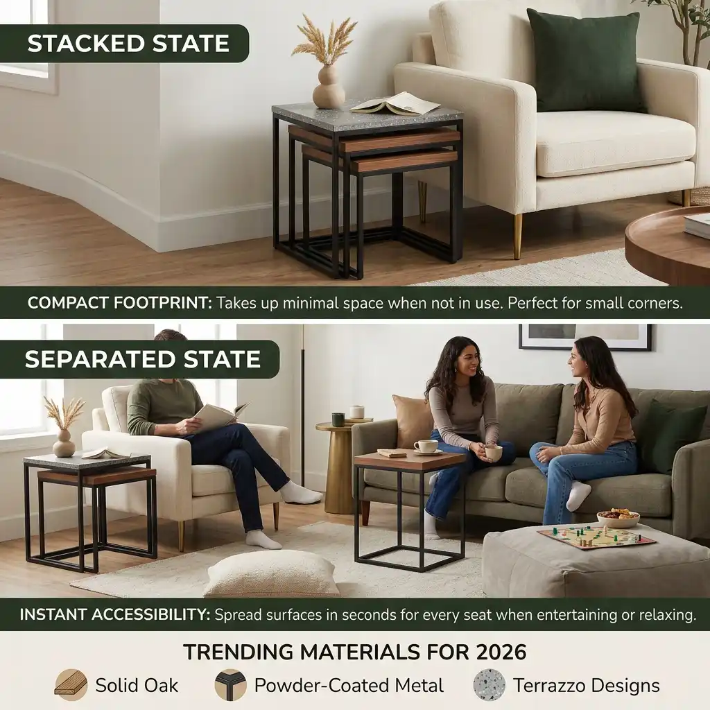 Stackable side tables create surfaces without crowding the living room