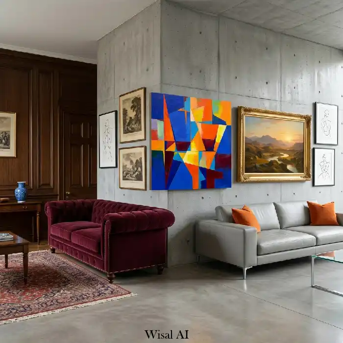 Contemporary living room with vintage decor pieces and modern clean-lined sofa