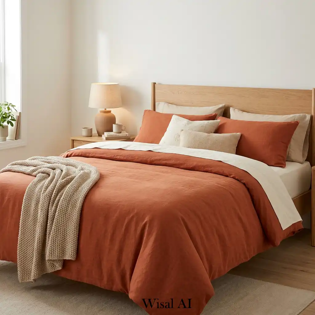 Cozy bedroom with terracotta bedding and soft lighting