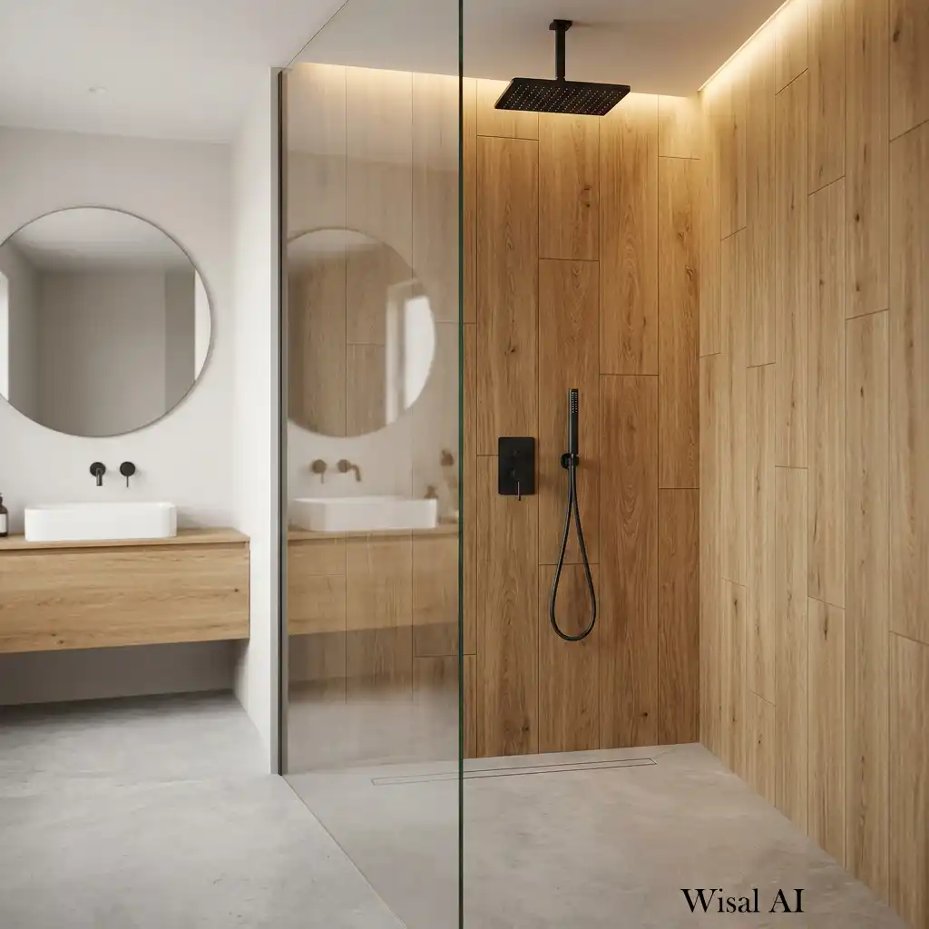 Walk-in shower featuring vertical wood-look porcelain tiles and matte black fixtures.