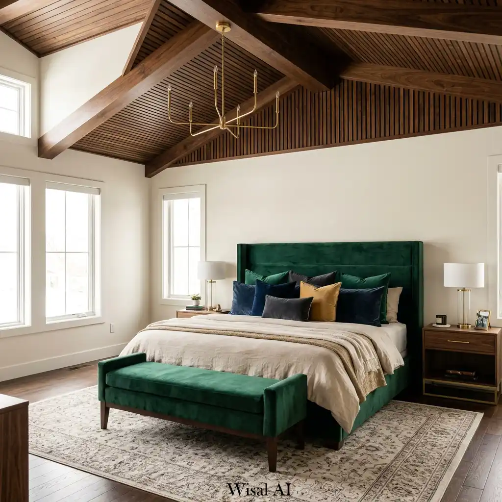 Walnut ceiling details with velvet accents in contemporary bedroom