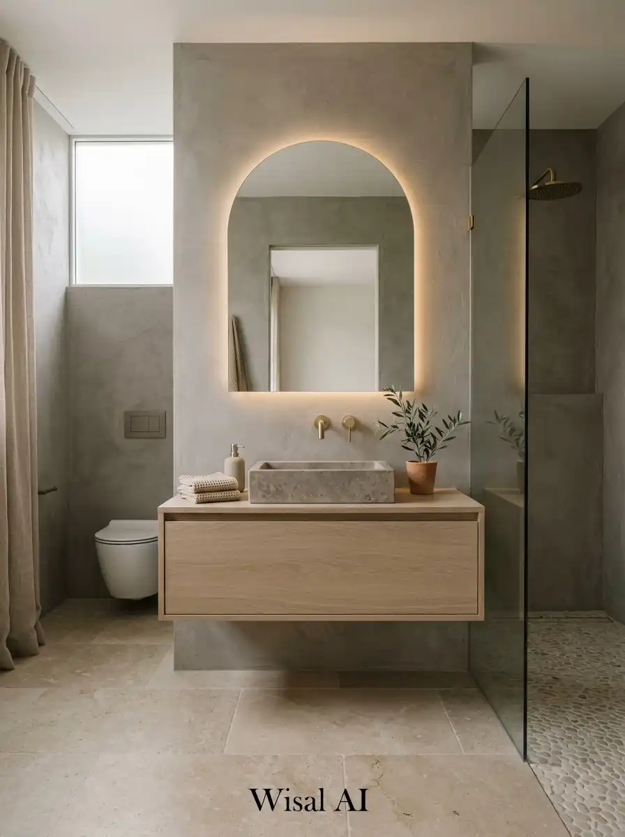 Modern bathroom with warm gray elements and sand beige tones in a minimal style.