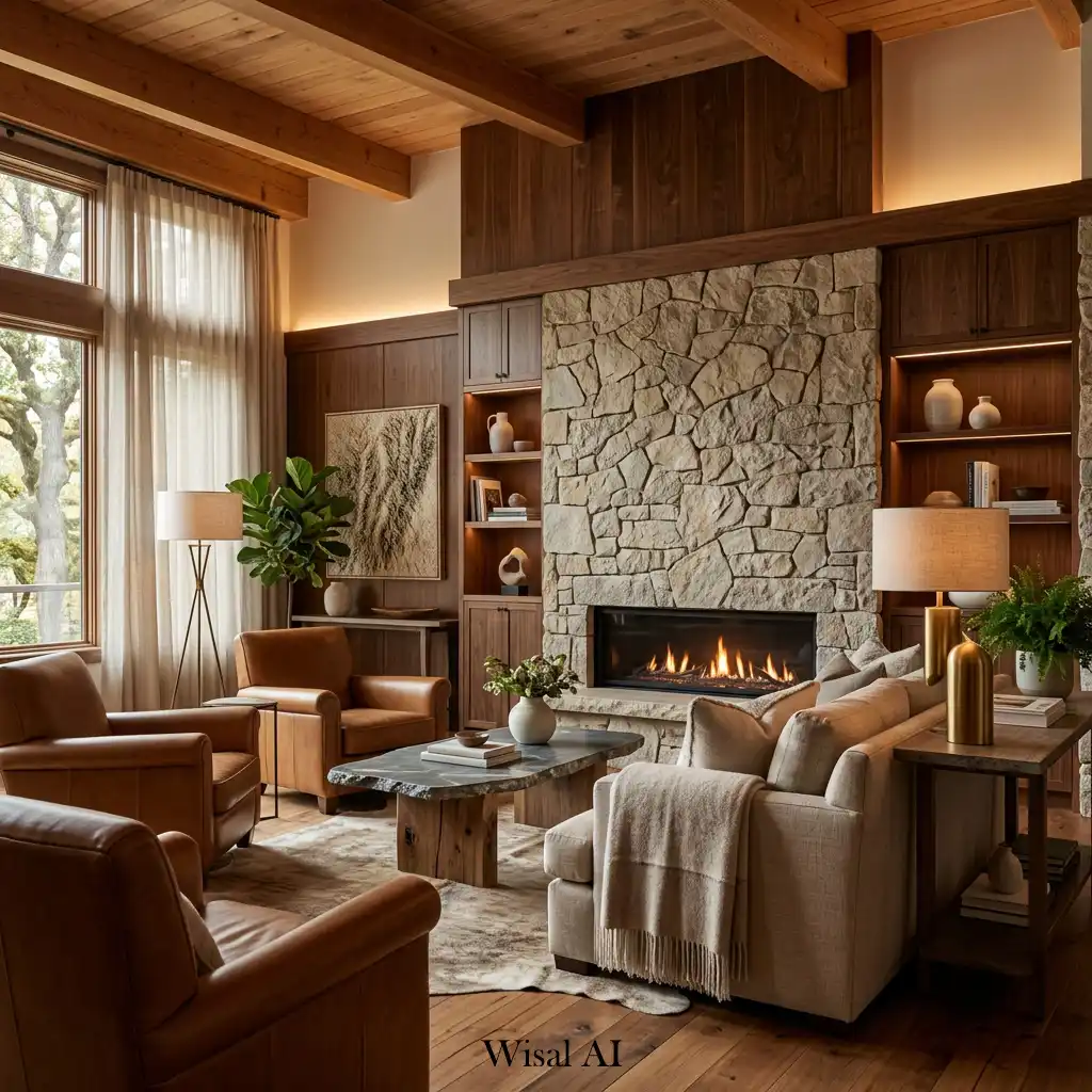 Boutique hotel-inspired living room combining natural wood and stone materials