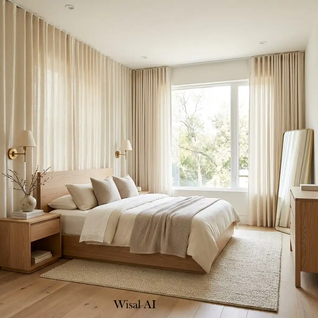 White oak bedroom with floor-to-ceiling linen curtains and modern oak furniture.