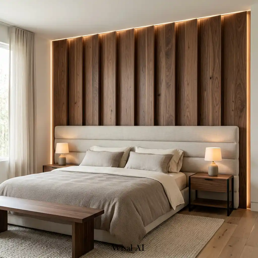 Contemporary bedroom featuring wide wood slats for a bold architectural statement.