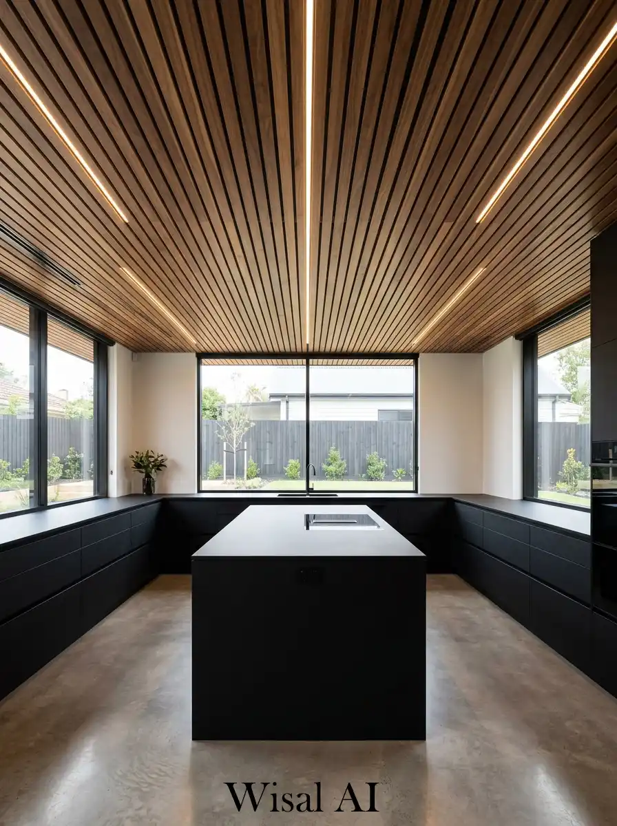 Luxury kitchen featuring wooden ceiling black cabinetry and cozy modern architectural interior design.