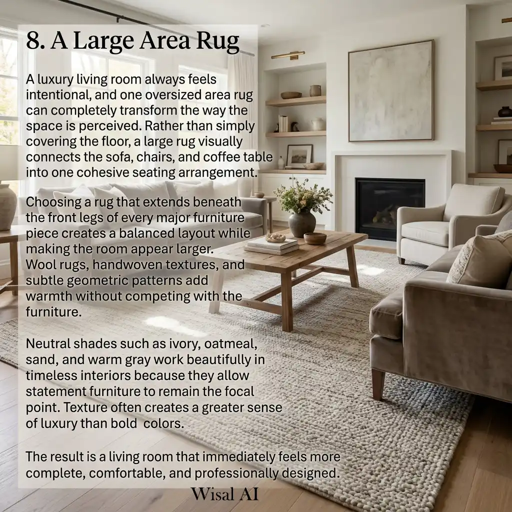 Large neutral wool area rug anchoring a luxury living room.