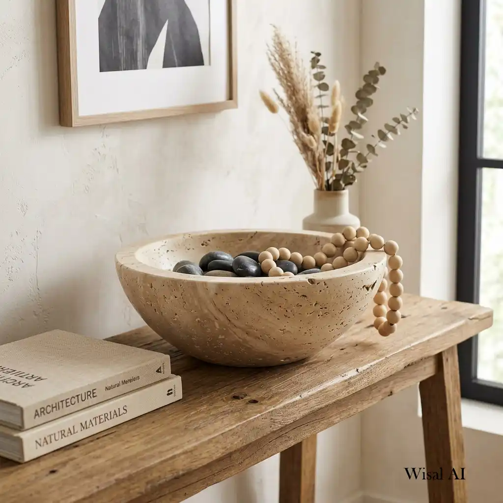 Travertine bowl displayed on a modern coffee table with minimalist styling.