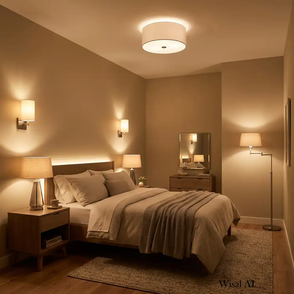 Luxury bedroom with layered lighting creating warmth, depth, and spacious visual appeal.