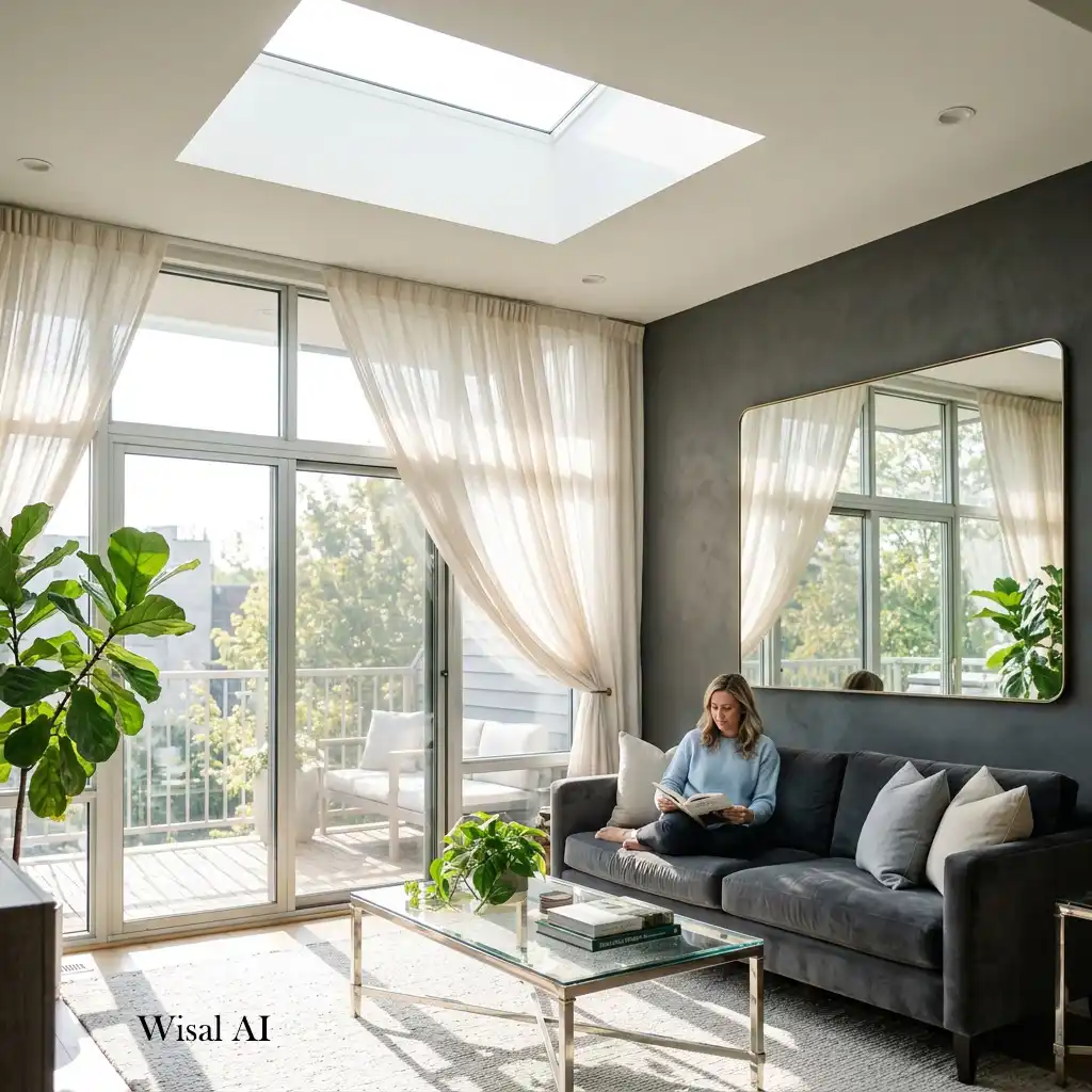 Bright charcoal gray living room filled with natural light.