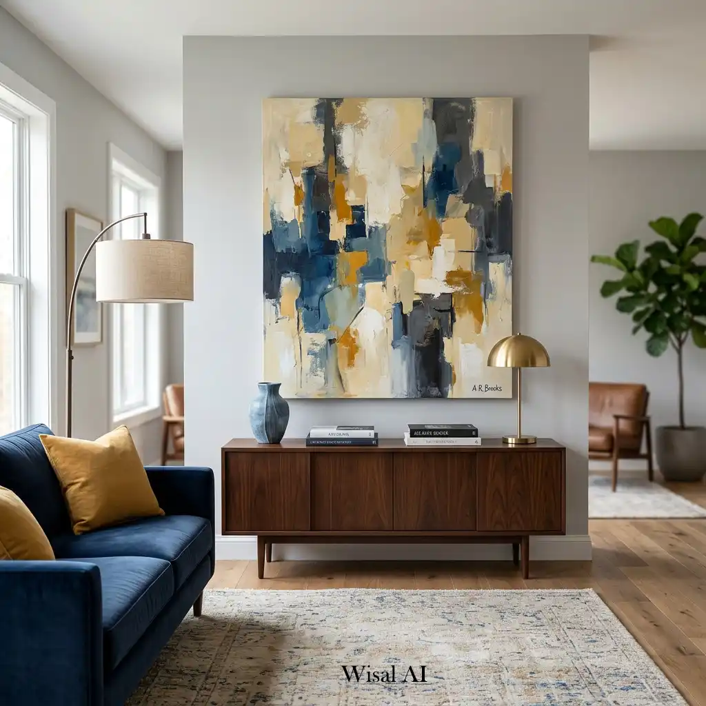 Modern living room featuring oversized statement artwork that enhances the interior design.