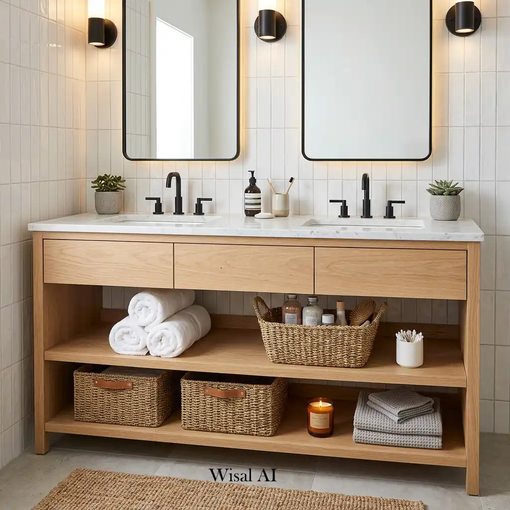 Modern bathroom vanity featuring open shelving with rolled towels and woven baskets.