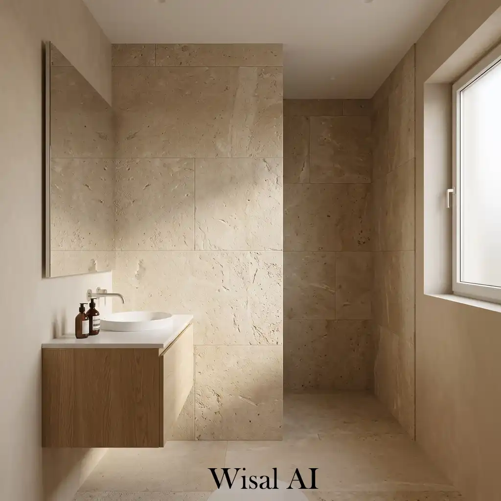 Beige bathroom with natural stone textured wall design