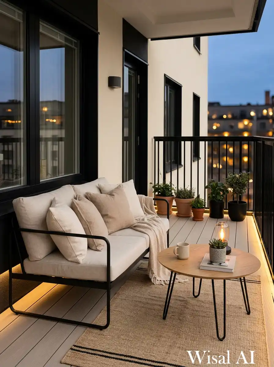 Modern balcony combining black tones with soft beige and cream textiles for a warm balanced design.