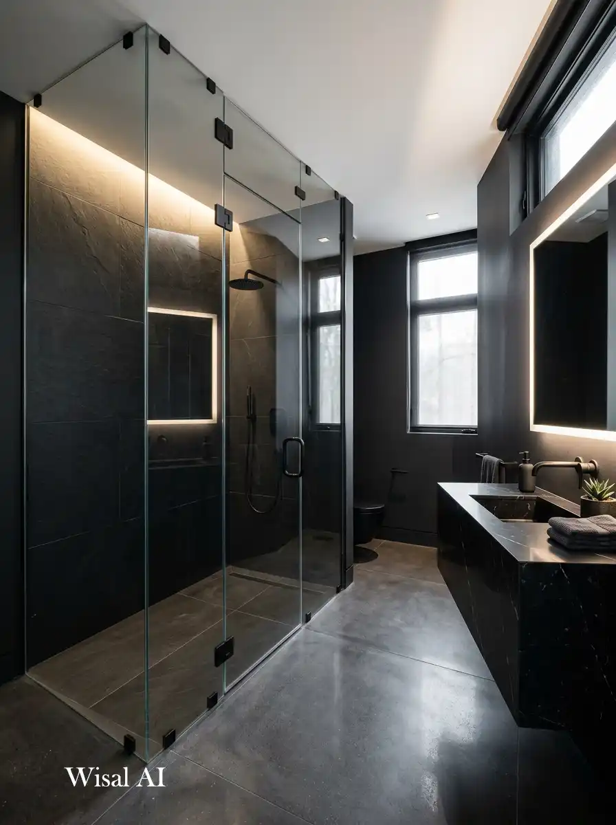Black bathroom with frameless glass shower enclosure and modern luxury design balance.