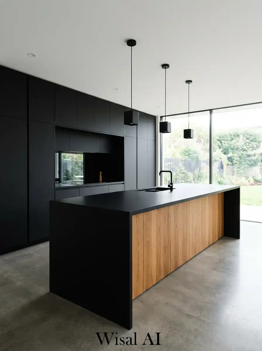 Minimal kitchen design with black cabinets wooden island base and clean modern luxury aesthetic.