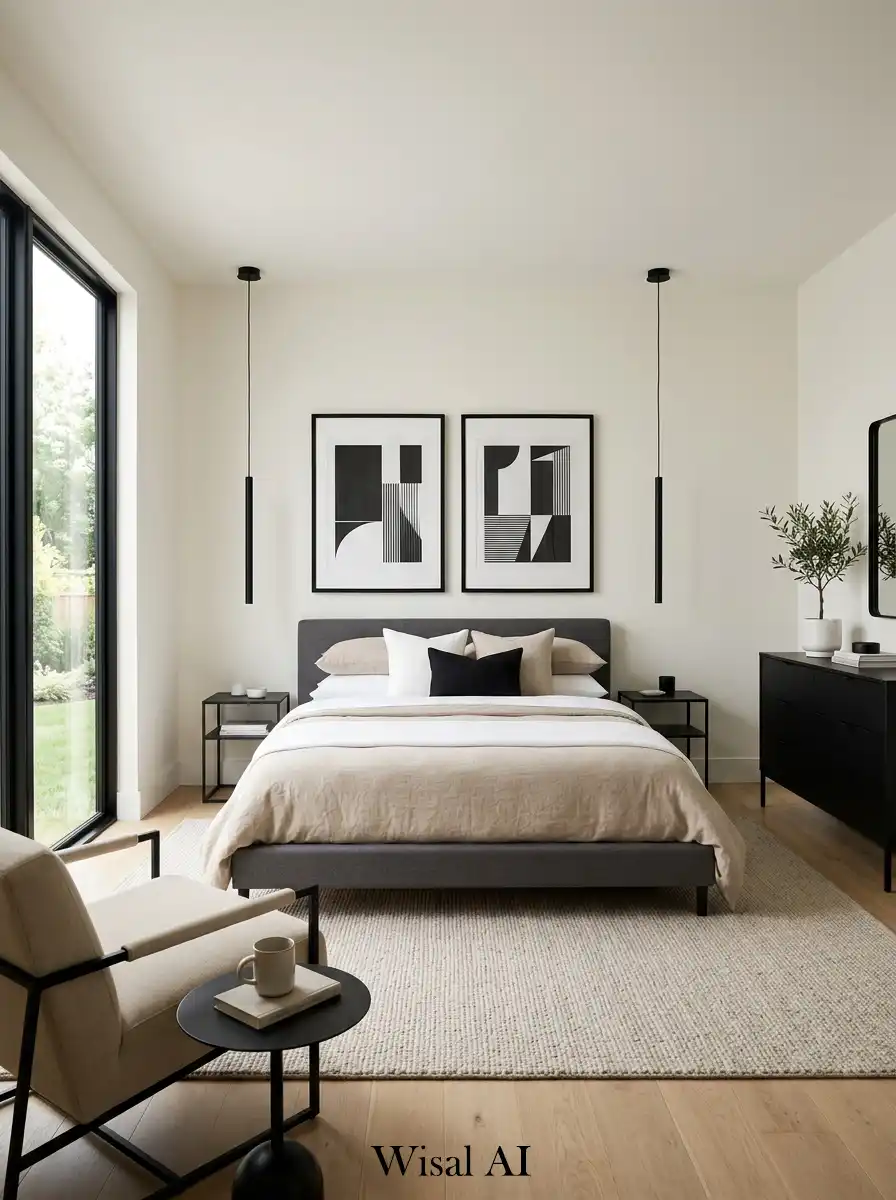 Minimal bedroom using black, white, and neutral tones for a structured modern interior design.
