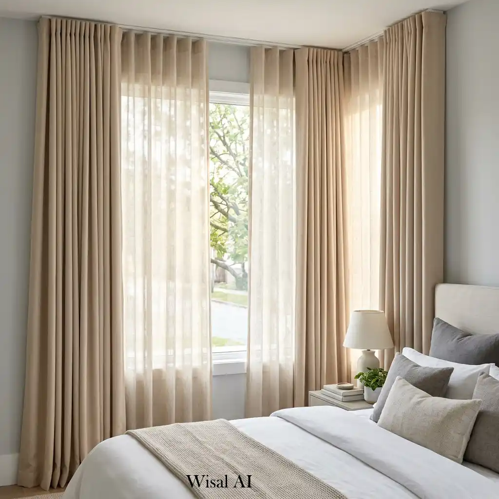 Bedroom with sheer curtains layered behind full blackout drapes.