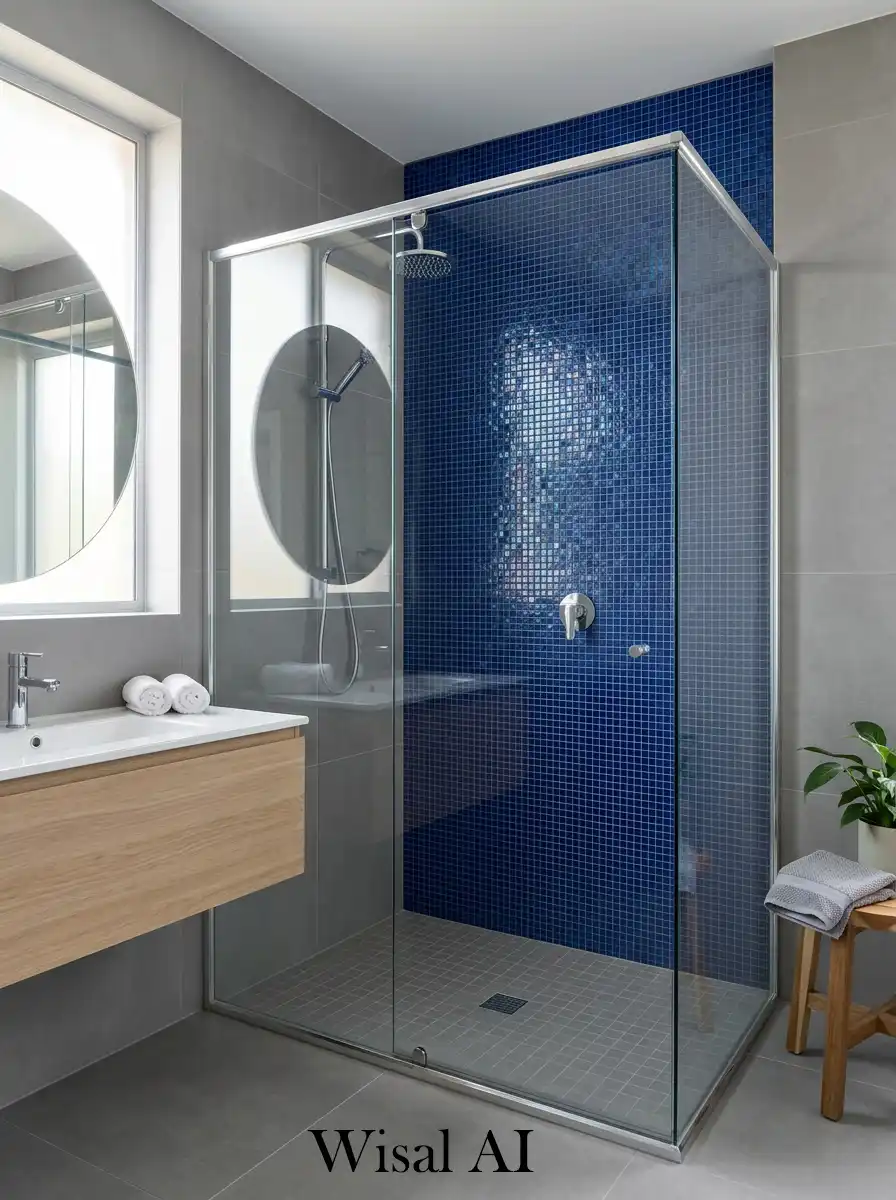 Blue mosaic shower feature in neutral grey bathroom