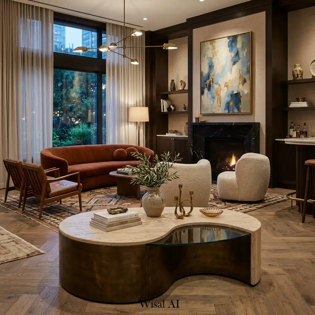Designer living room centered around a sculptural statement coffee table