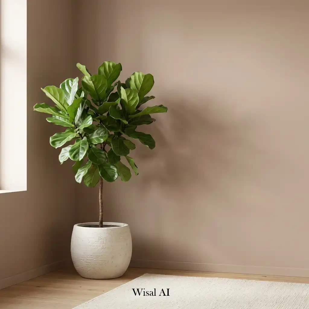 Modern living room with indoor plants and warm Mocha Mousse tones.