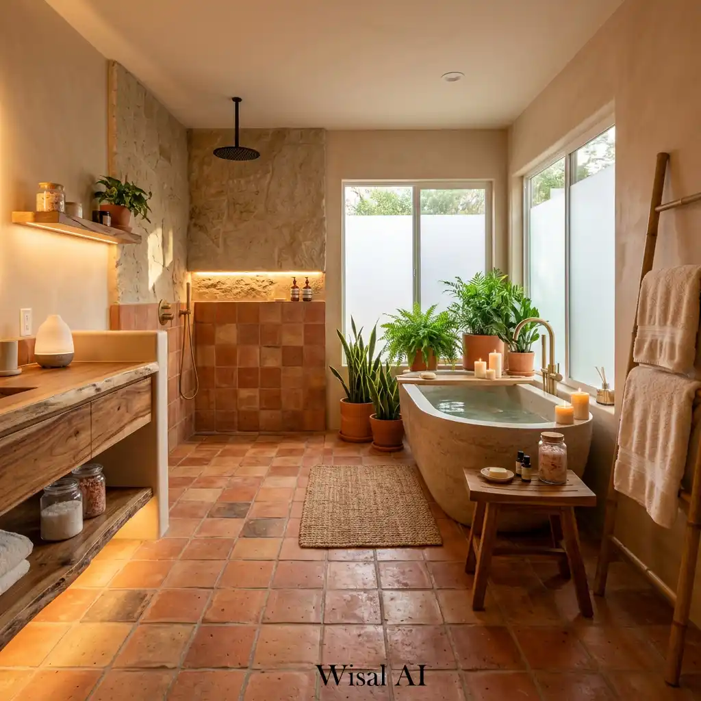 Bathroom with terracotta tiles and natural spa-like atmosphere