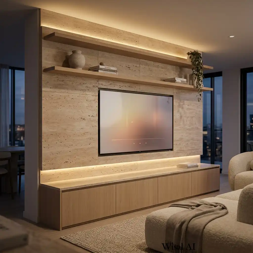 Contemporary travertine TV wall with oak cabinetry.