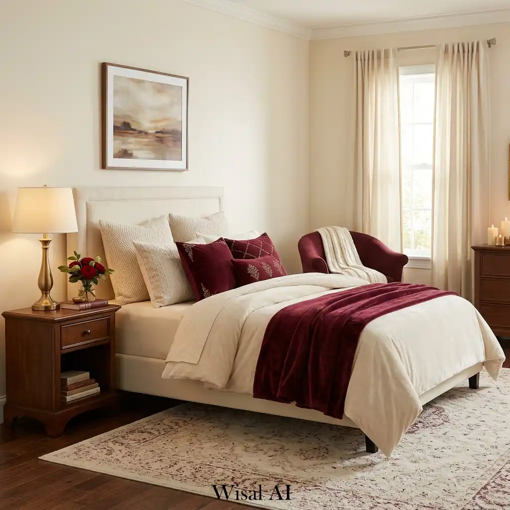 Soft burgundy and cream bedroom with warm neutral palette and elegant design