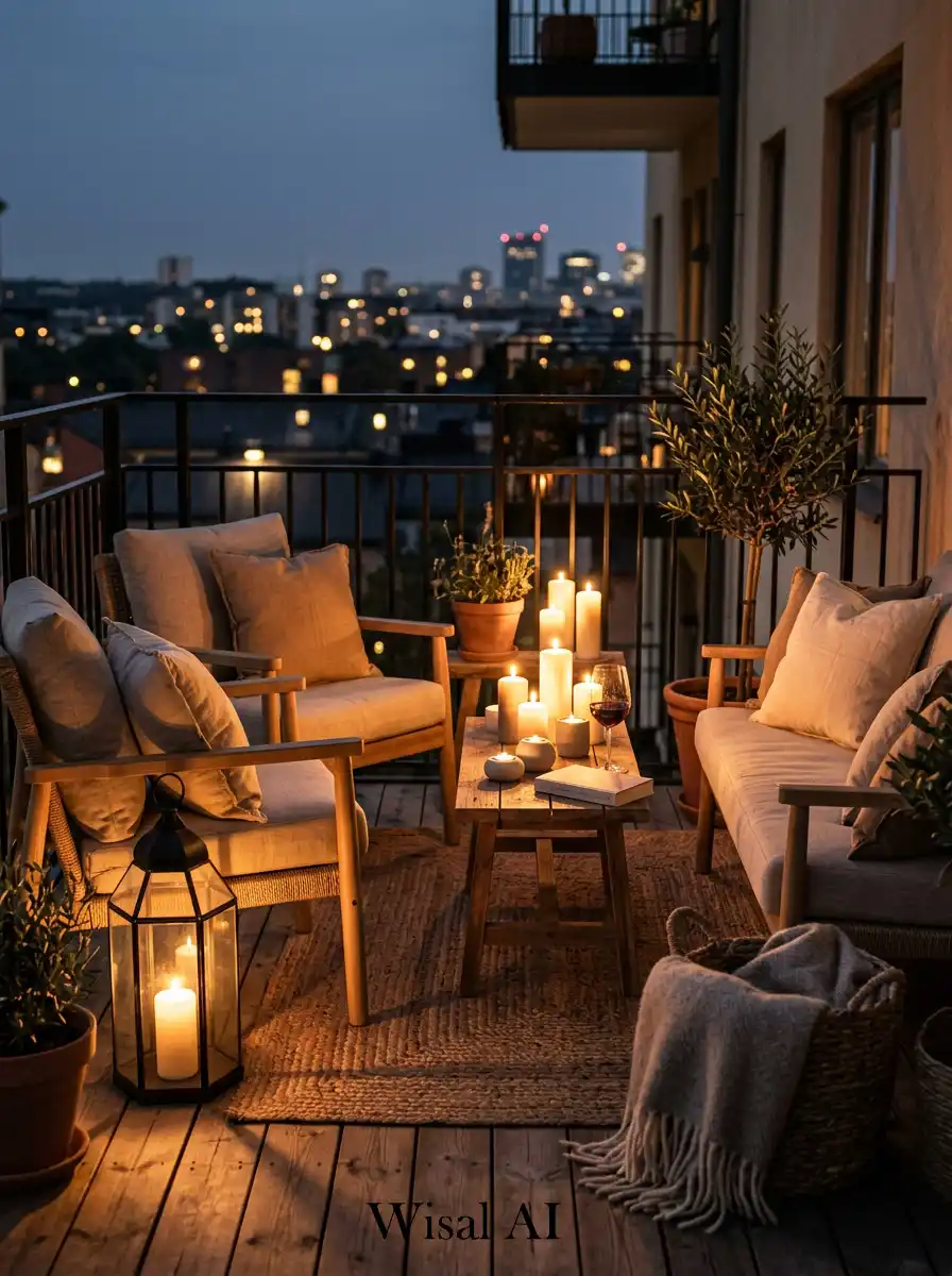 Romantic balcony with candlelight, lanterns, and cozy evening outdoor seating.