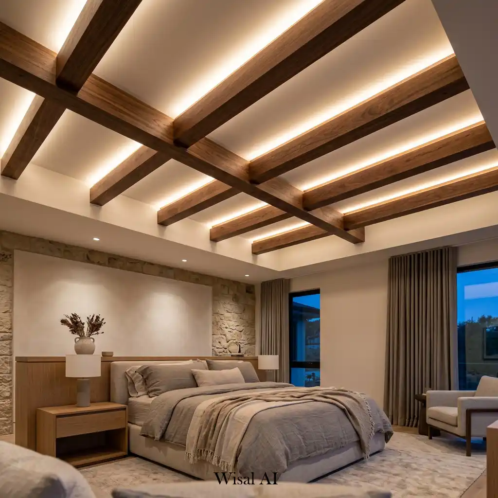 Luxury bedroom ceiling with decorative wood beams and integrated LED lighting.