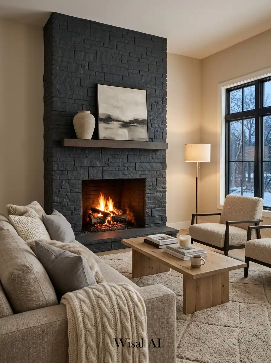 Cozy living room with charcoal fireplace beige seating and warm luxury modern interior design style.