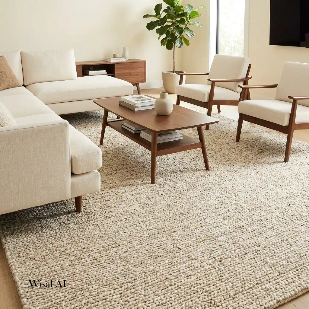 Modern living room with a large neutral area rug and walnut décor.