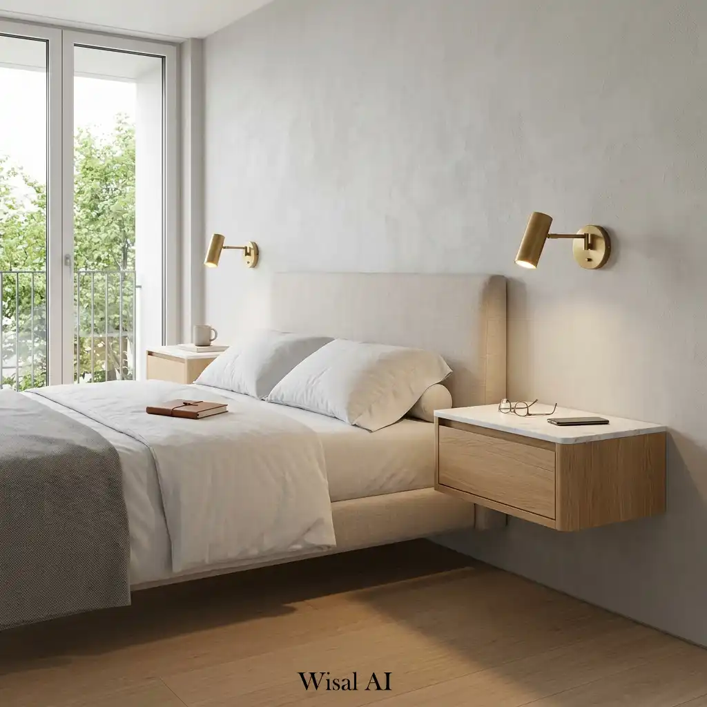 Floating bedside tables with wall-mounted reading lights.