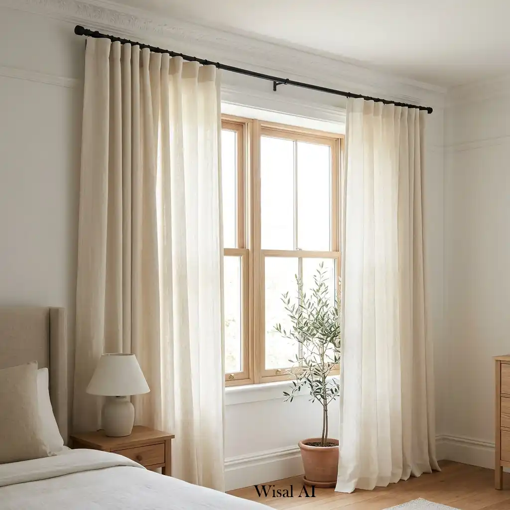 Bright bedroom with floor-to-ceiling linen curtains that maximize natural light and elegance.