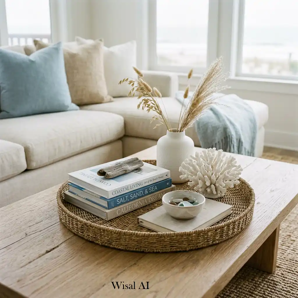 Coastal coffee table styled with natural textures and decorative accents.