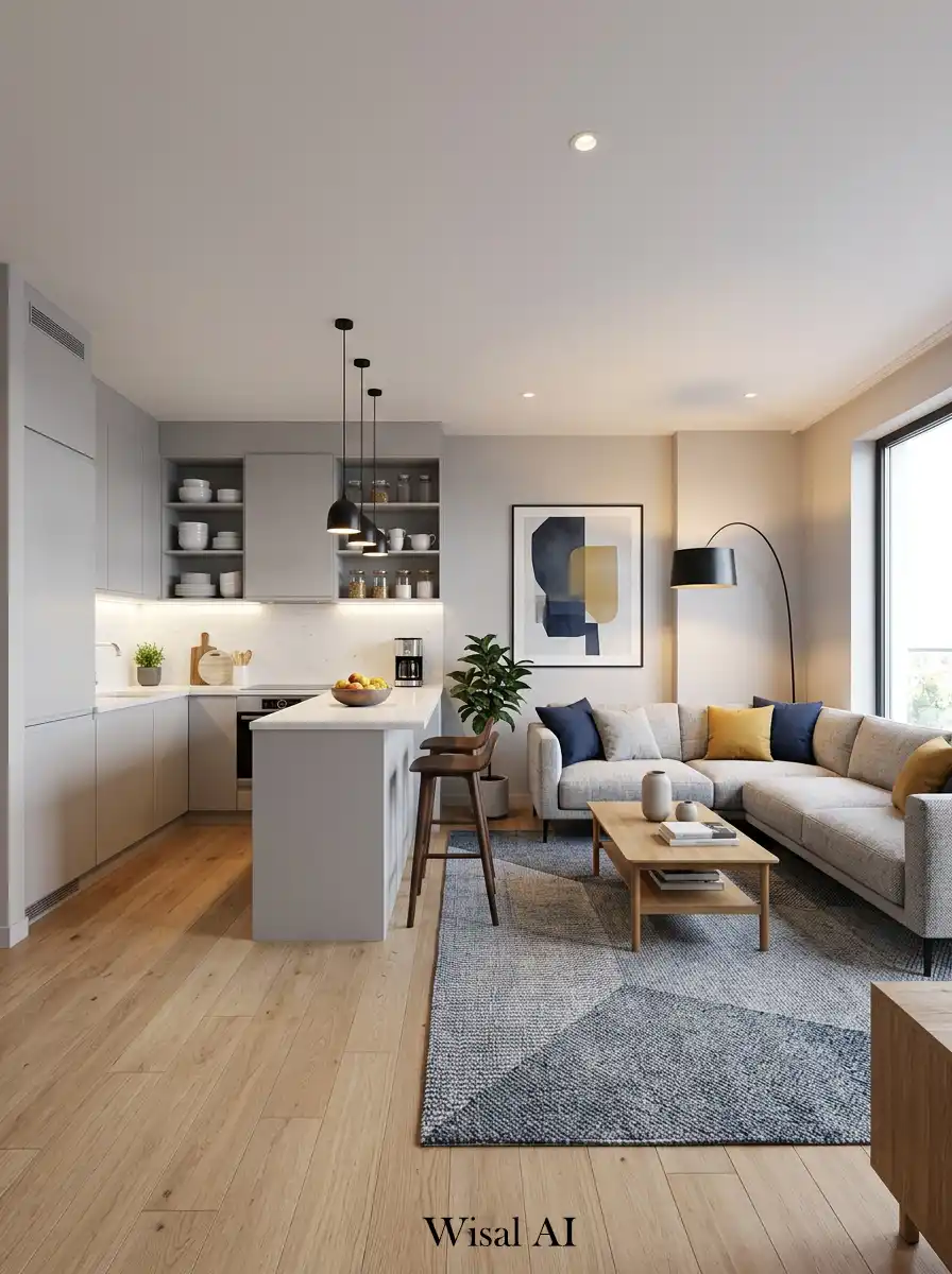 8. Compact Zoning Modern Open-Plan Kitchen and Living Room Idea