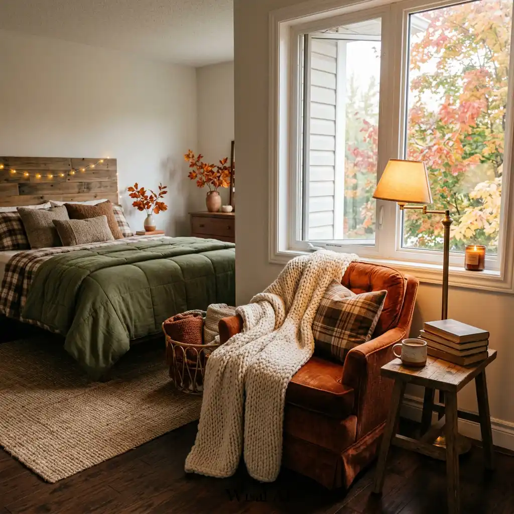Cozy bedroom reading nook with warm lighting and comfortable seating.