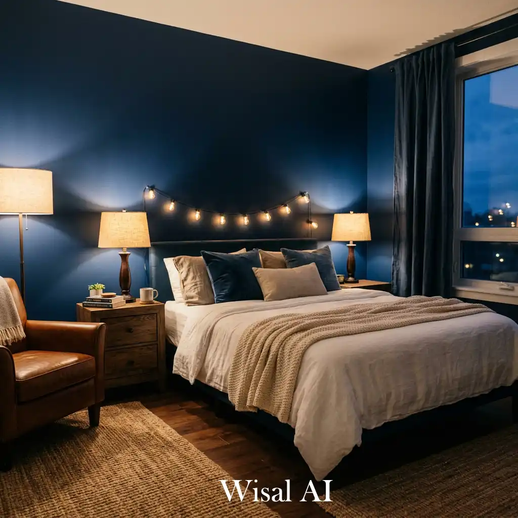 Cozy blue bedroom with warm lighting and soft ambiance